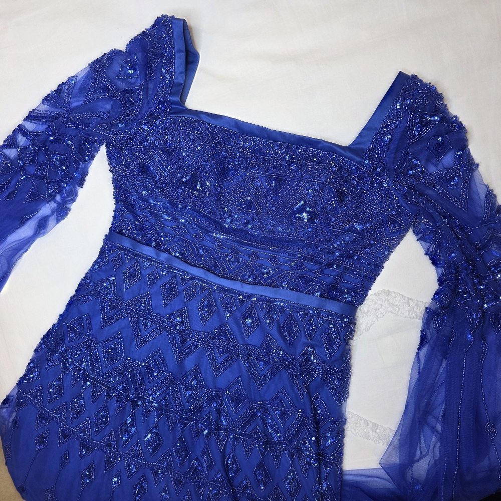 Serene Hill Beaded Elegant Blue Cape Sleeve Evening Gown - Size US 12 Large - Picture 14 of 17